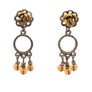 Antique Gold Tone Rose Dangle Earrings Amber Colored Beaded Chandelier Dangles